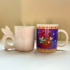 NWT Set of 2 Easter Coffee Tea Mugs White Bunny Purple Flower Basket Egg Floral